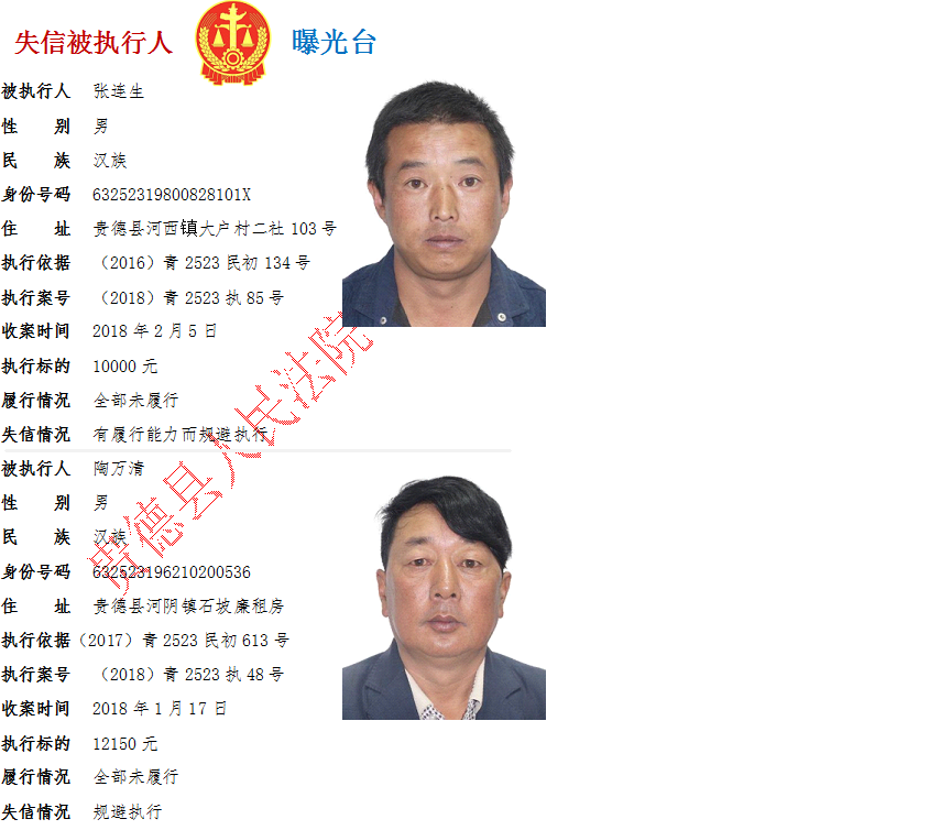 青海省贵德县人民法院曝光失信被执行人公告